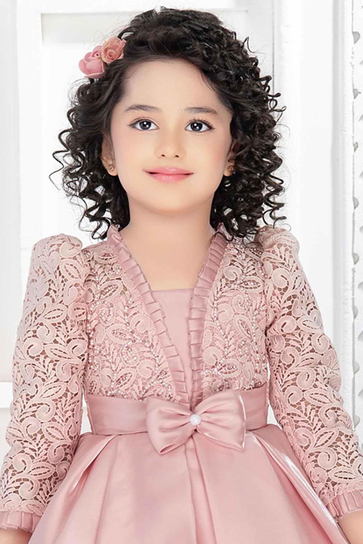 Designer Peach Embellished Satin Frock With Bishop Sleeves For Girls - Lagorii Kids