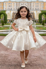 Girls Ivory Pearl Embellished Cape Style Party Wear Frock with Bow