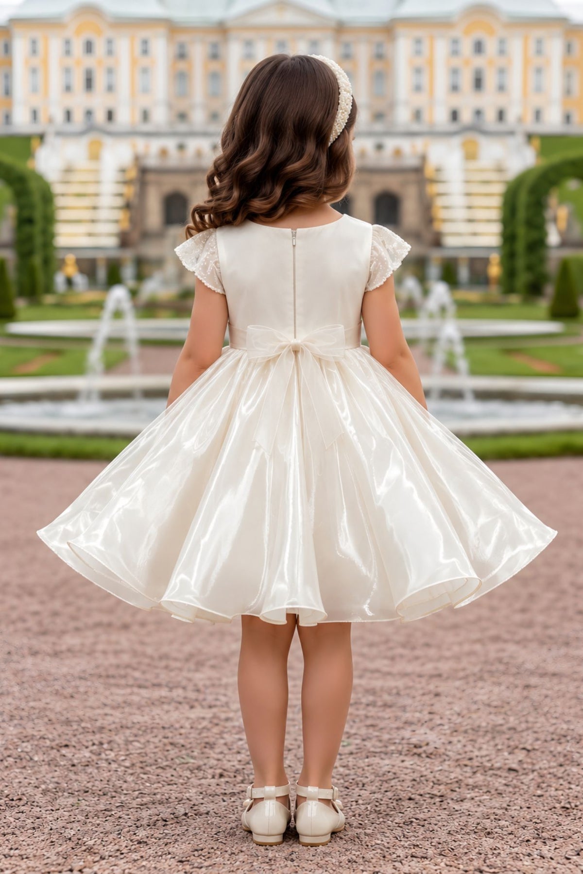 Girls Ivory Pearl Embellished Cape Style Party Wear Frock with Bow
