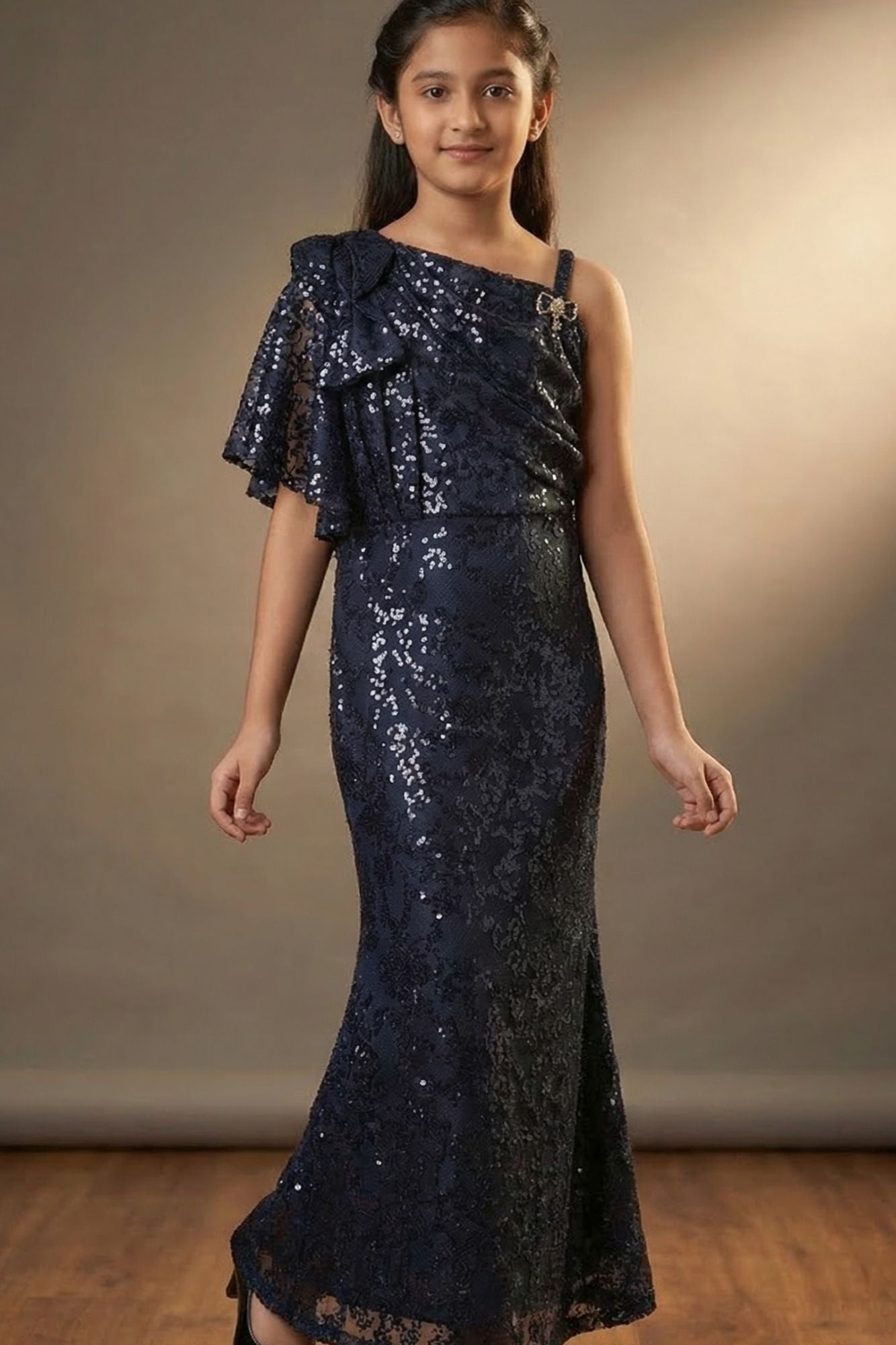Blue Sequin Embellished One-Shoulder Party Wear Gown For Girls