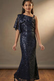 Blue Sequin Embellished One-Shoulder Party Wear Gown For Girls