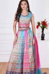 Multicolor Mirror Work And Printed Lehenga Choli Set For Girls