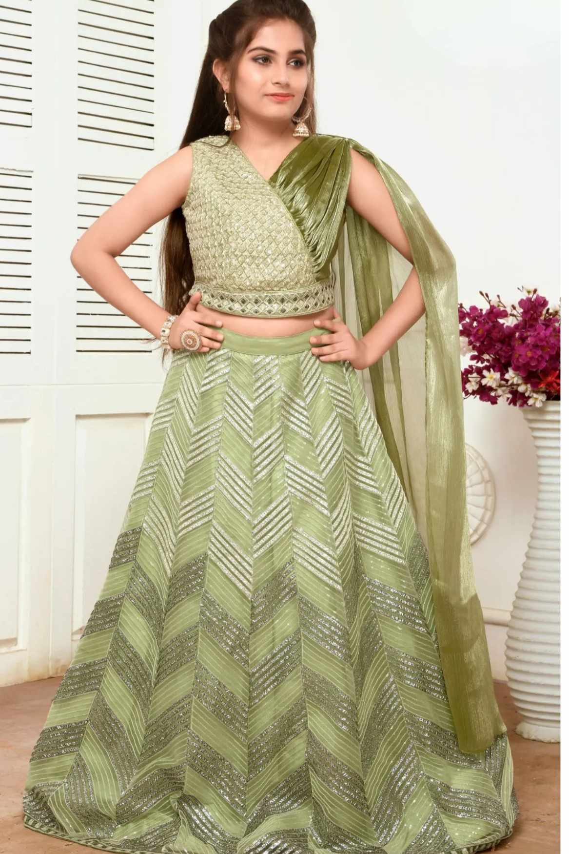 Pista Green Sequins Lehenga Choli Set For Girls