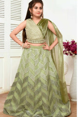 Pista Green Sequins Lehenga Choli Set For Girls