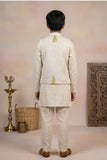 Beige Kurta Set  With Tropical Print Nehru Jacket For Boys