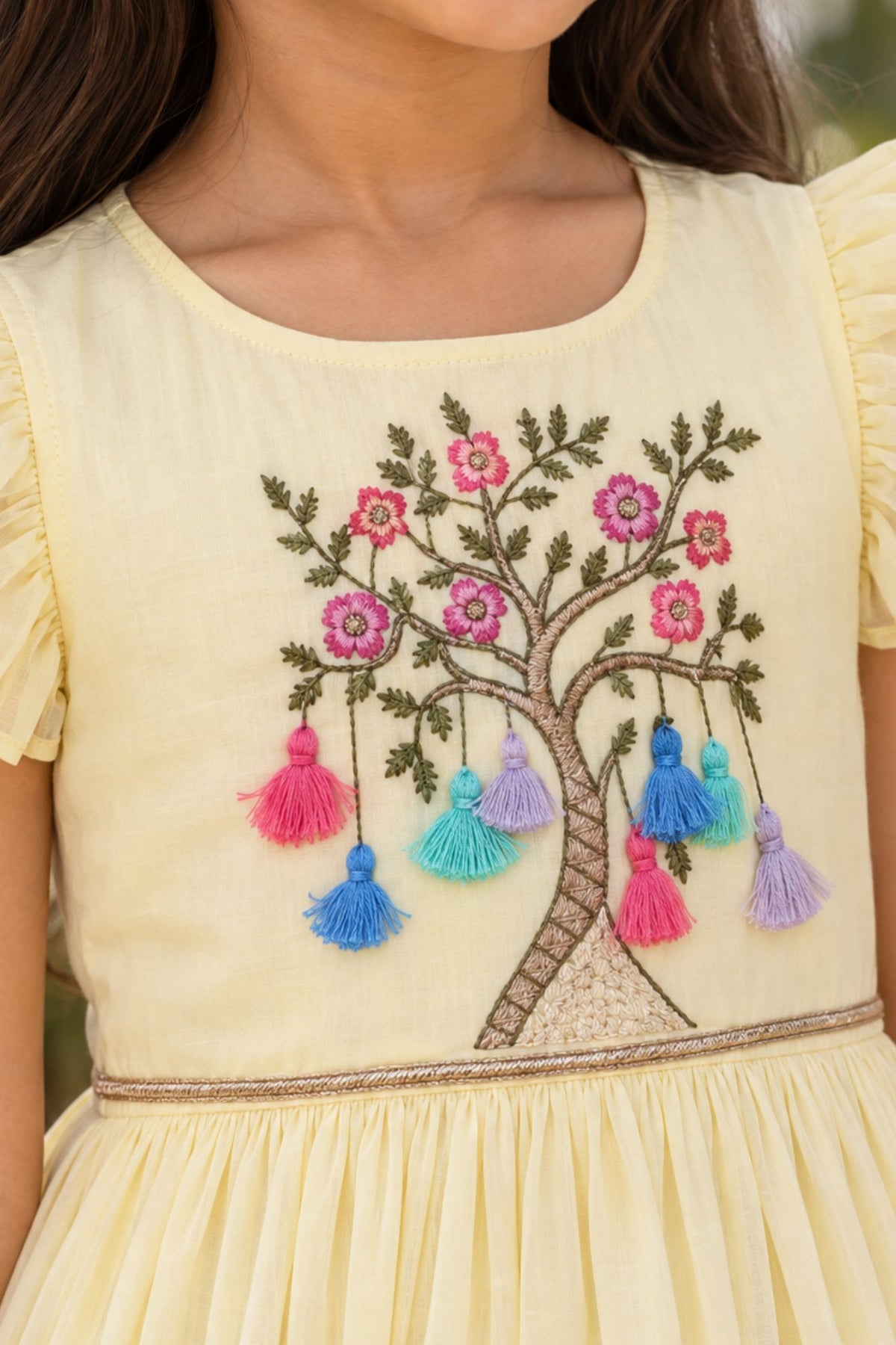 Girls Pastel Yellow Tree Embroidered Ruffle Sleeve Flared Dress