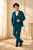 Boys Teal Embroidered Shawl Collar Party Wear Suit Set