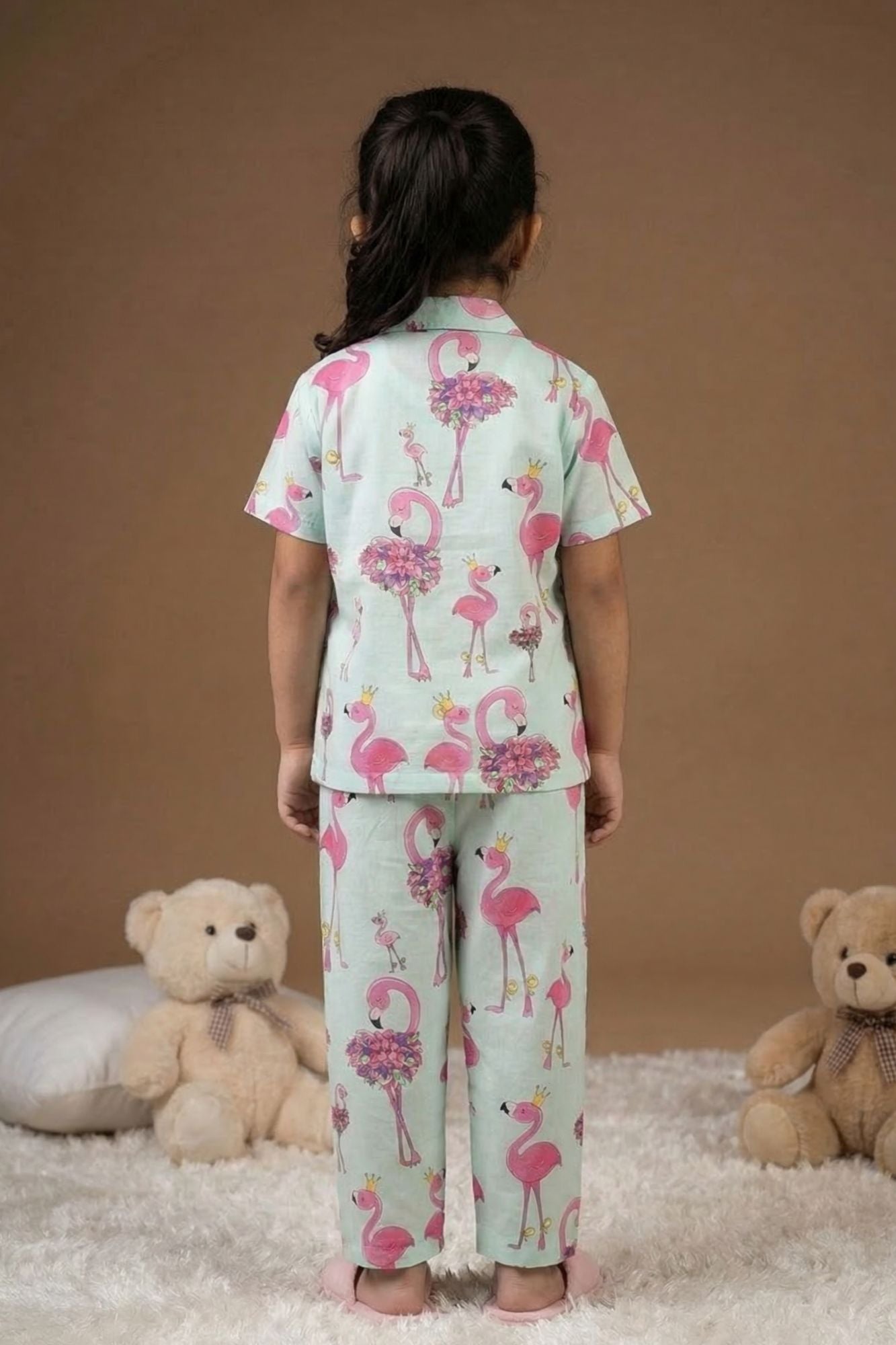 Mint Green Flamingo Print Cotton Night Suit Set For Girls
