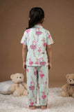 Mint Green Flamingo Print Cotton Night Suit Set For Girls