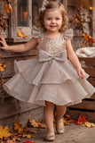 Girls Grey Sequin Layered Party Frock With Bow Detailing
