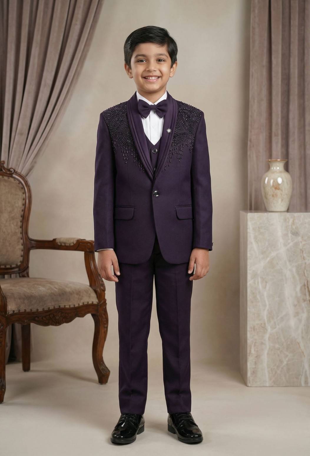 Purple Embroidered 5-Piece Suit Set For Boys