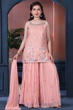 Peach Sequins And Embroidered Palazzo Set For Girls