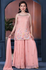 Peach Sequins And Embroidered Palazzo Set For Girls