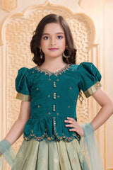 Rama Green Embroidered Pattu Pavadai Set with Zari Work For Girls