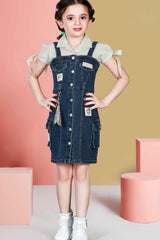 Cream Shirt With Blue Denim Dungaree Set For Girls