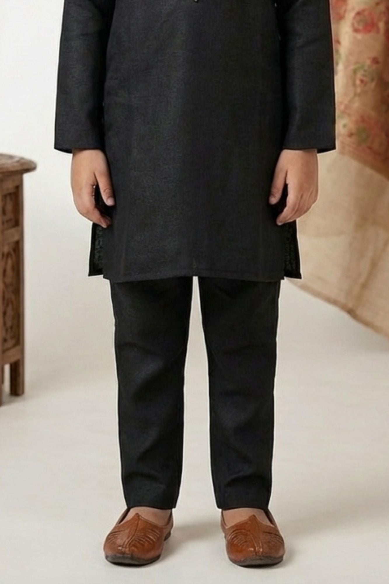 Black Embroidered Linen Kurta Set For Boys