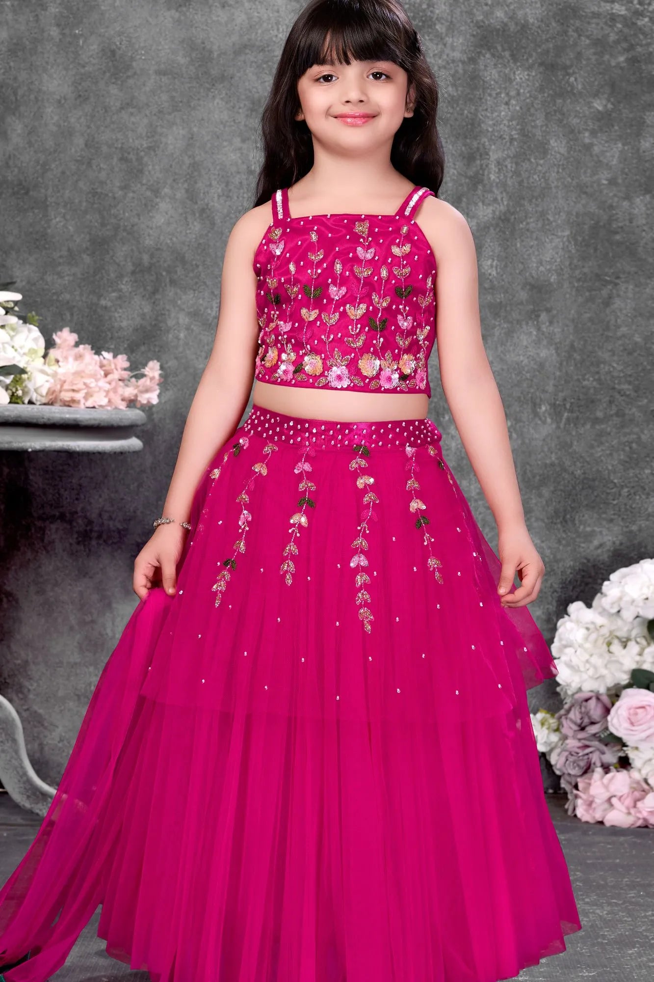Rani Pink Embroidered Lehenga Choli Set For Girls