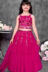Rani Pink Embroidered Lehenga Choli Set For Girls