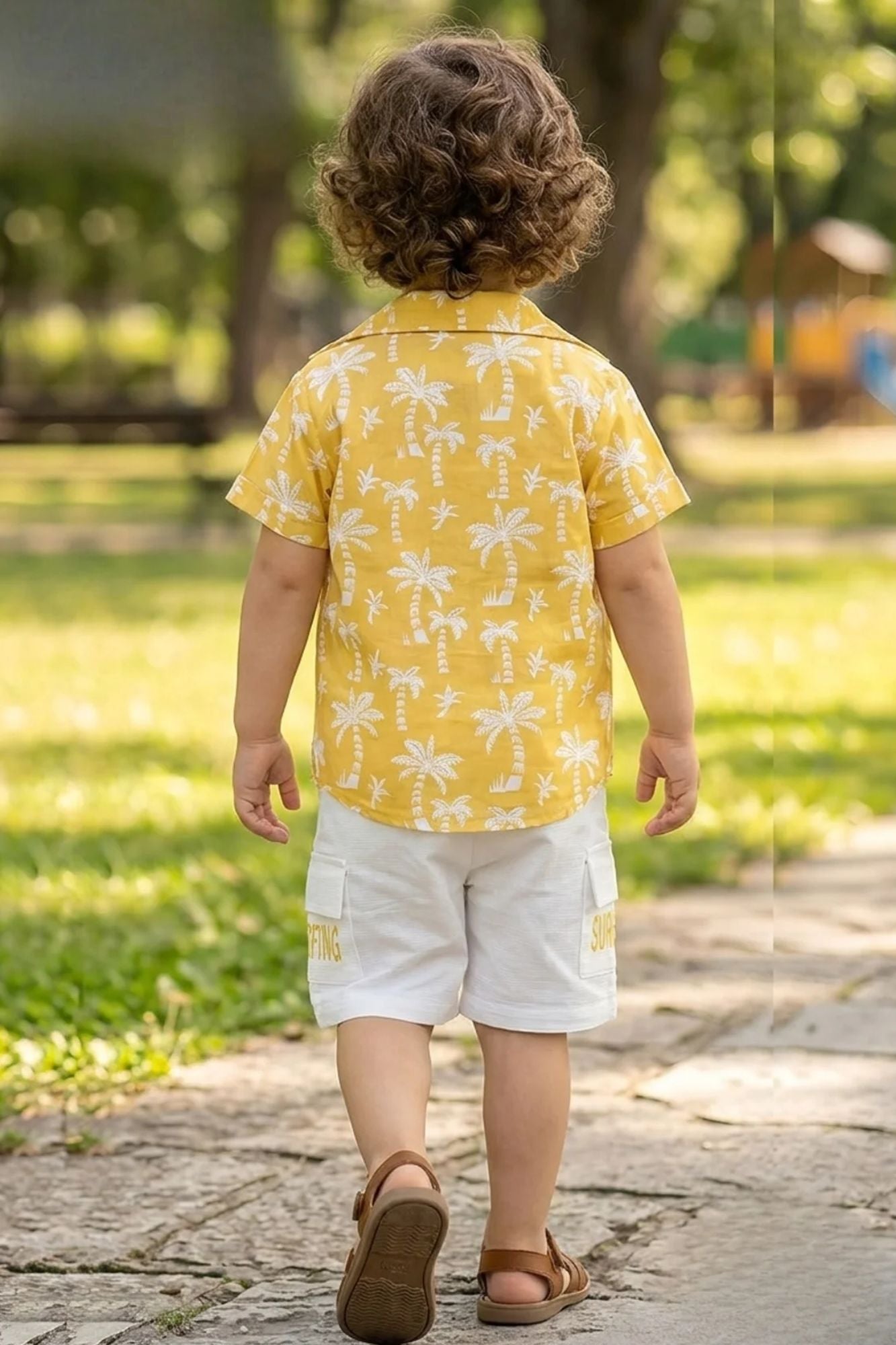 Boys Yellow Tropical Printed Shirt with T-Shirt & White Shorts Co-Ord Set