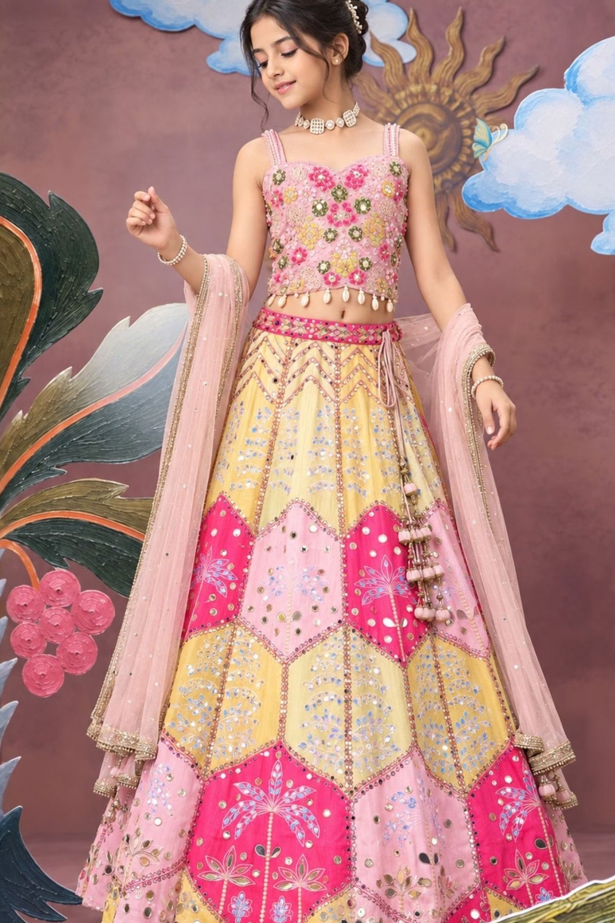 Girls Pink & Gold Floral Mirror Work Embellished Lehenga Choli Set