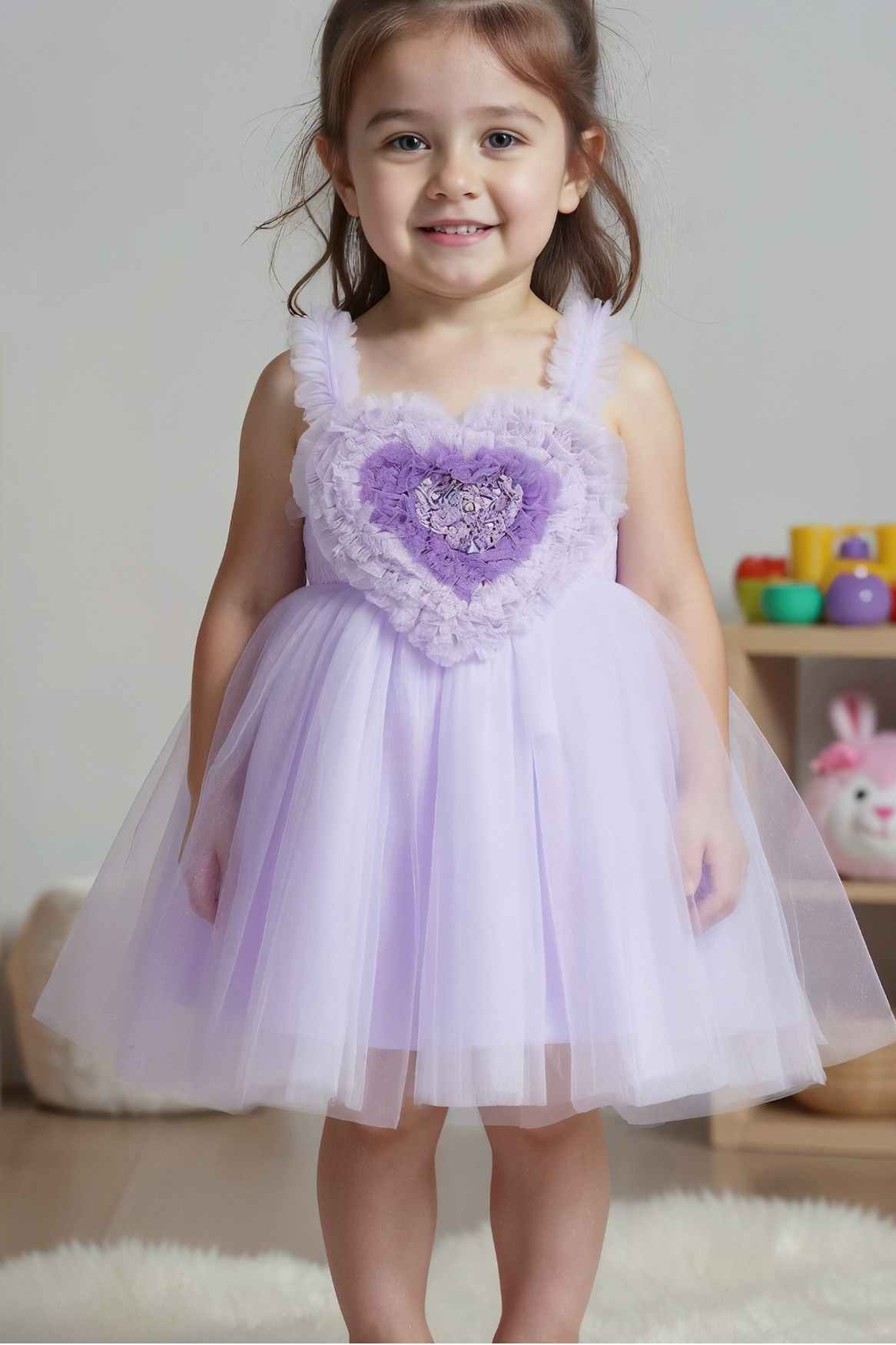 Stylish Lilac Frock With Ruffled Heart Embellished For Girls