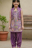 Purple Printed Patiala Set with Embroidered Jacket For Girls