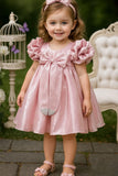 Onion Pink Puff Sleeve And Bow Embellished Frock For Girls