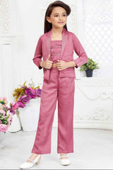 Onion Pink Casual Co Ord Set With Overcoat For Girls