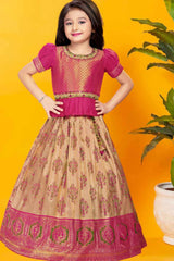 Maroon Silk Pattu Pavadai With Gold Foil Print For Girls