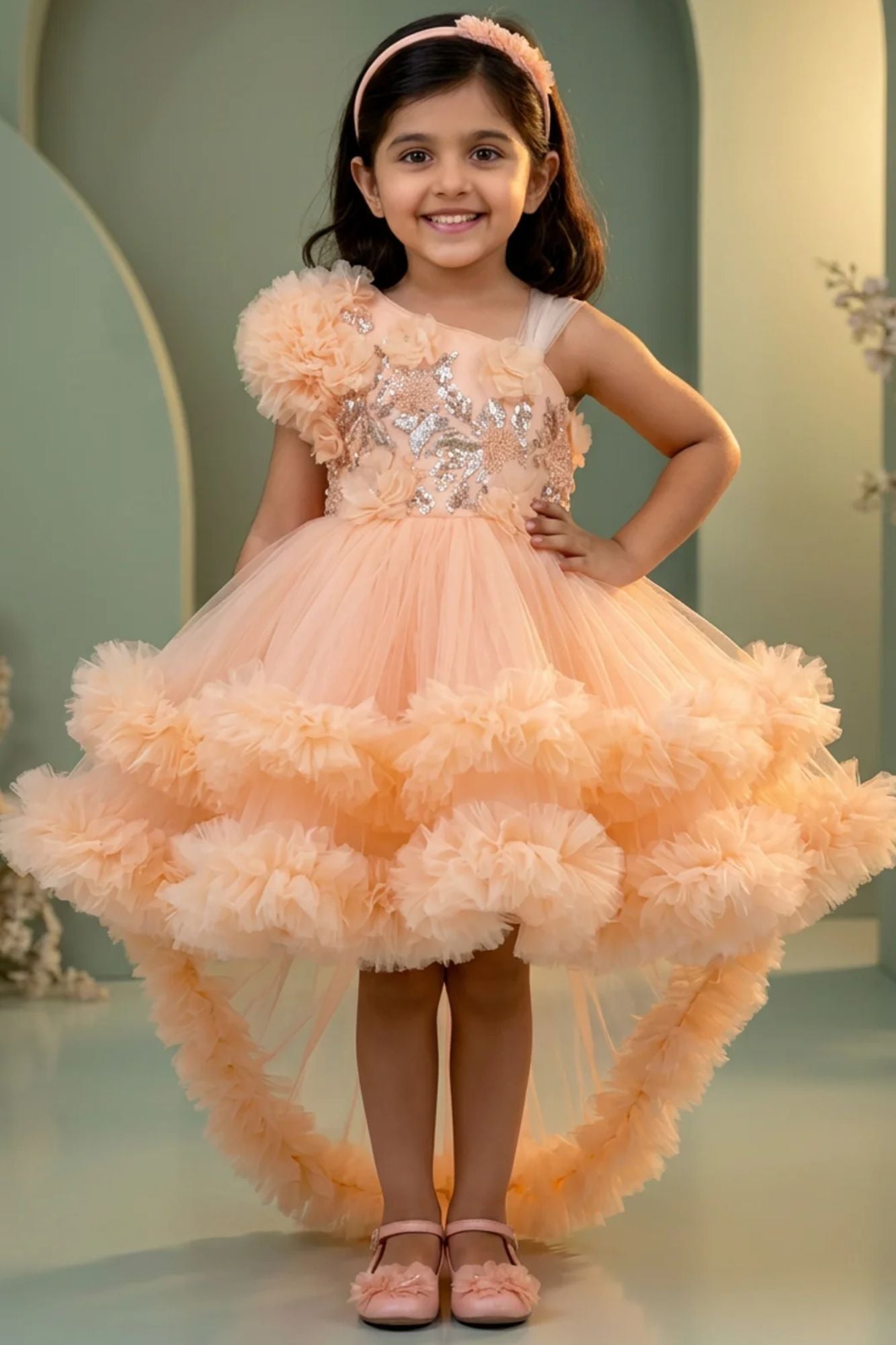 Girls Peach Party Frock with Floral Applique and Layered Tulle – Lagorii Kids