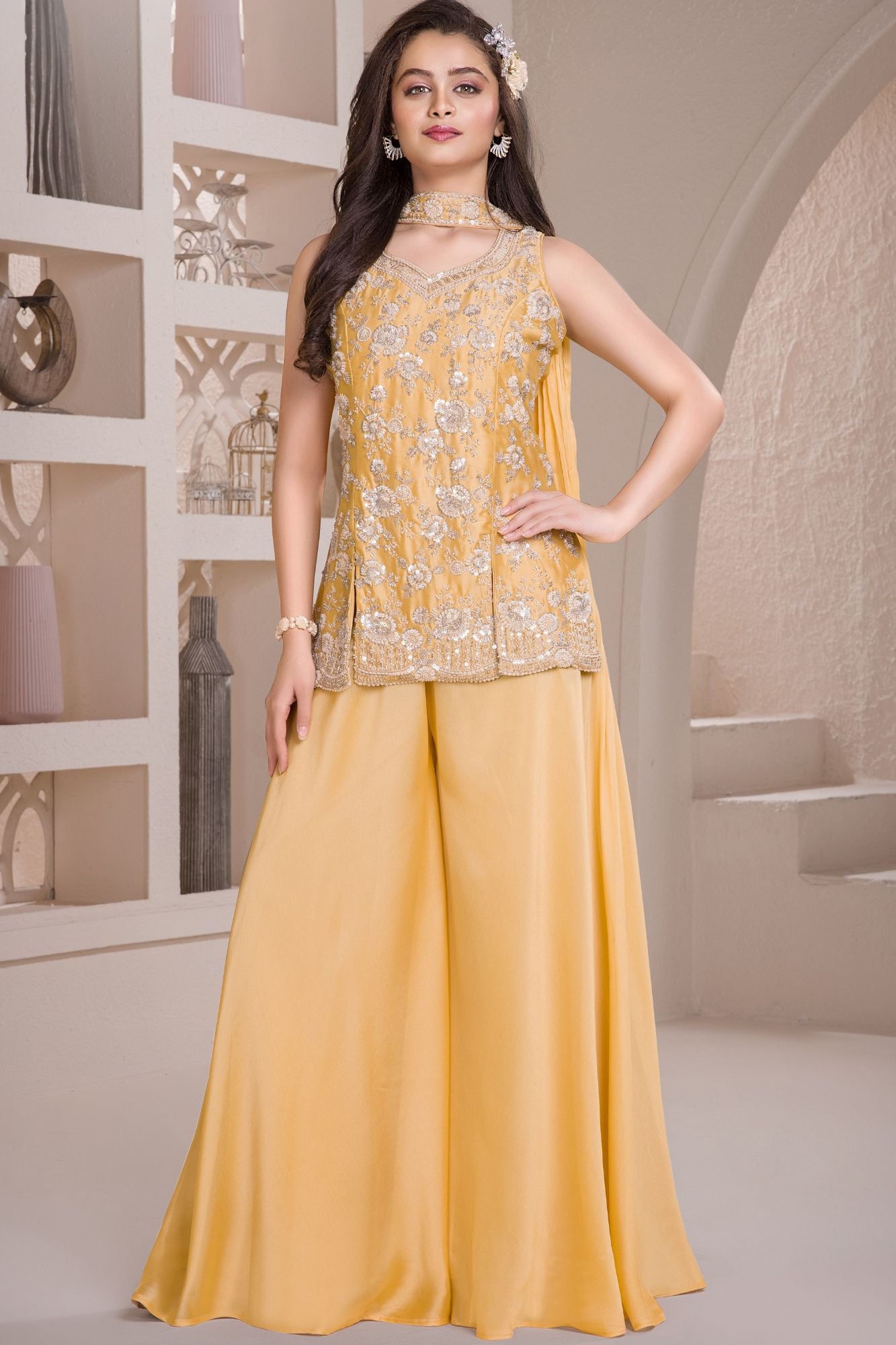 Yellow Embroidered Georgette Palazzo Set For Girls