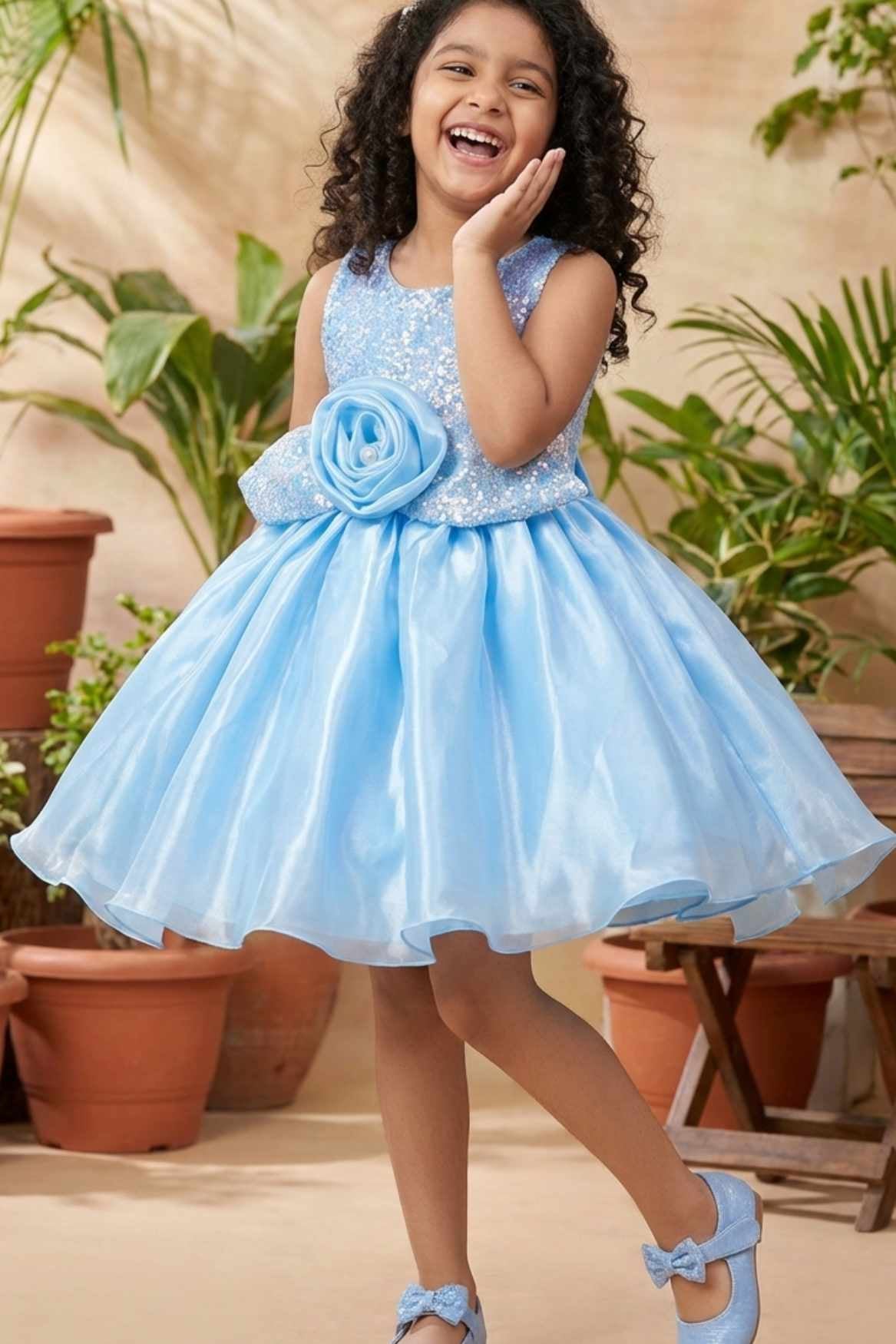 Blue Shimmer Party Wear Frock with 3D Floral Appliqué For Girls