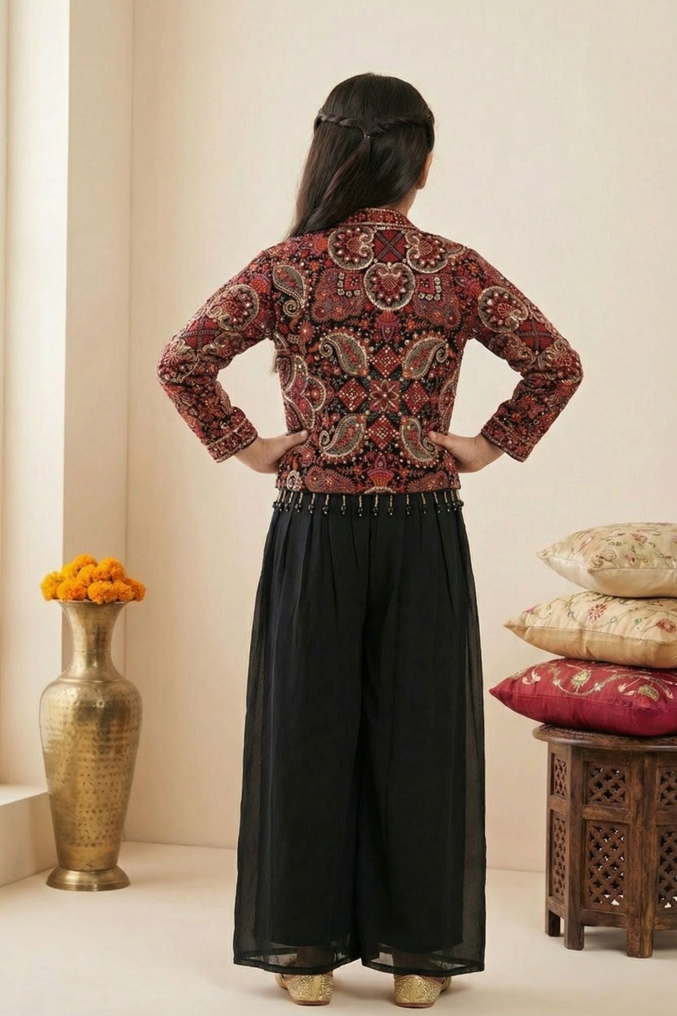 Black Paisley Embroidered Palazzo Set With Jacket for Girls