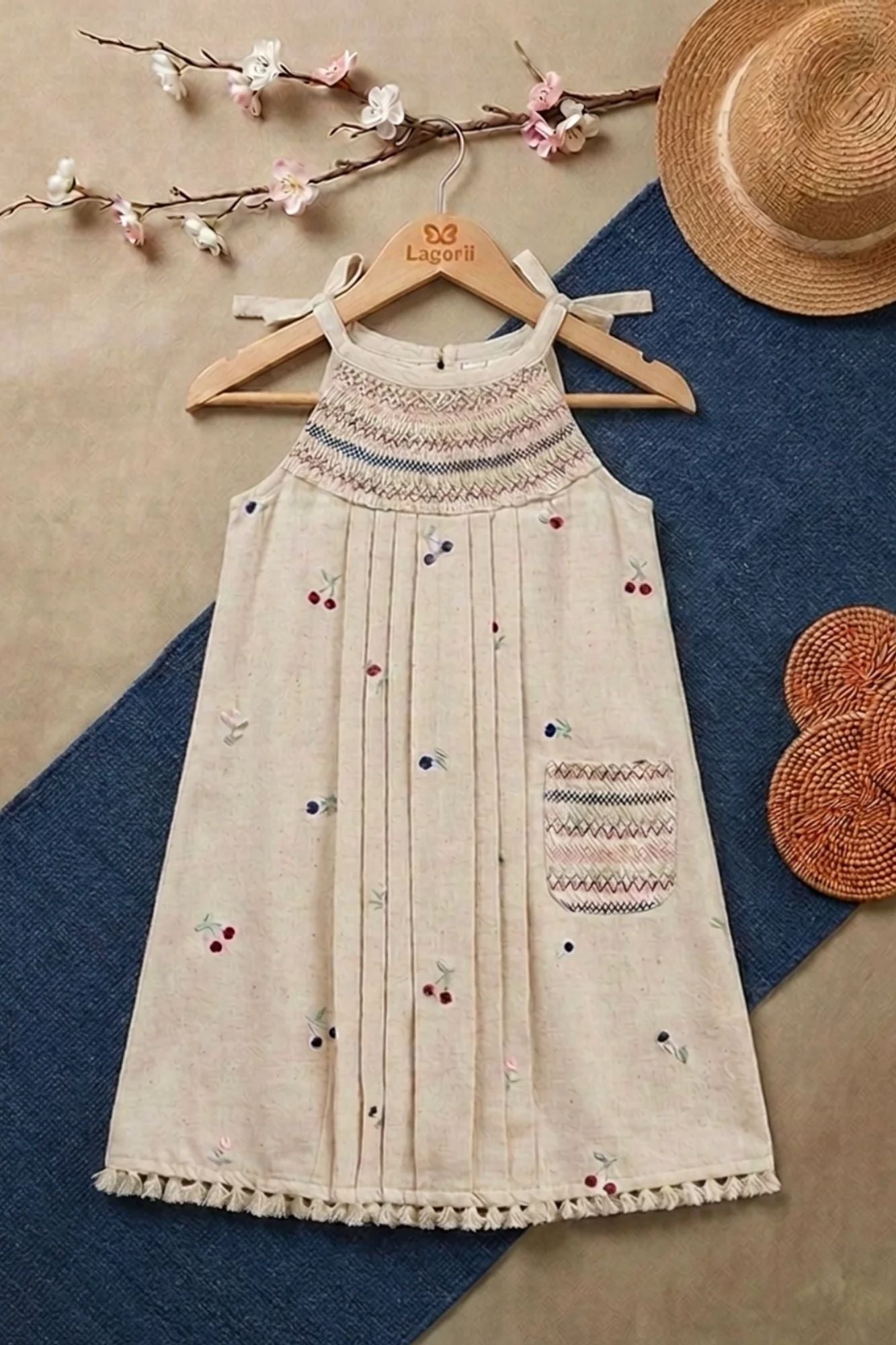 Girls Off-White Embroidered Dress with Smocked Yoke and Pocket