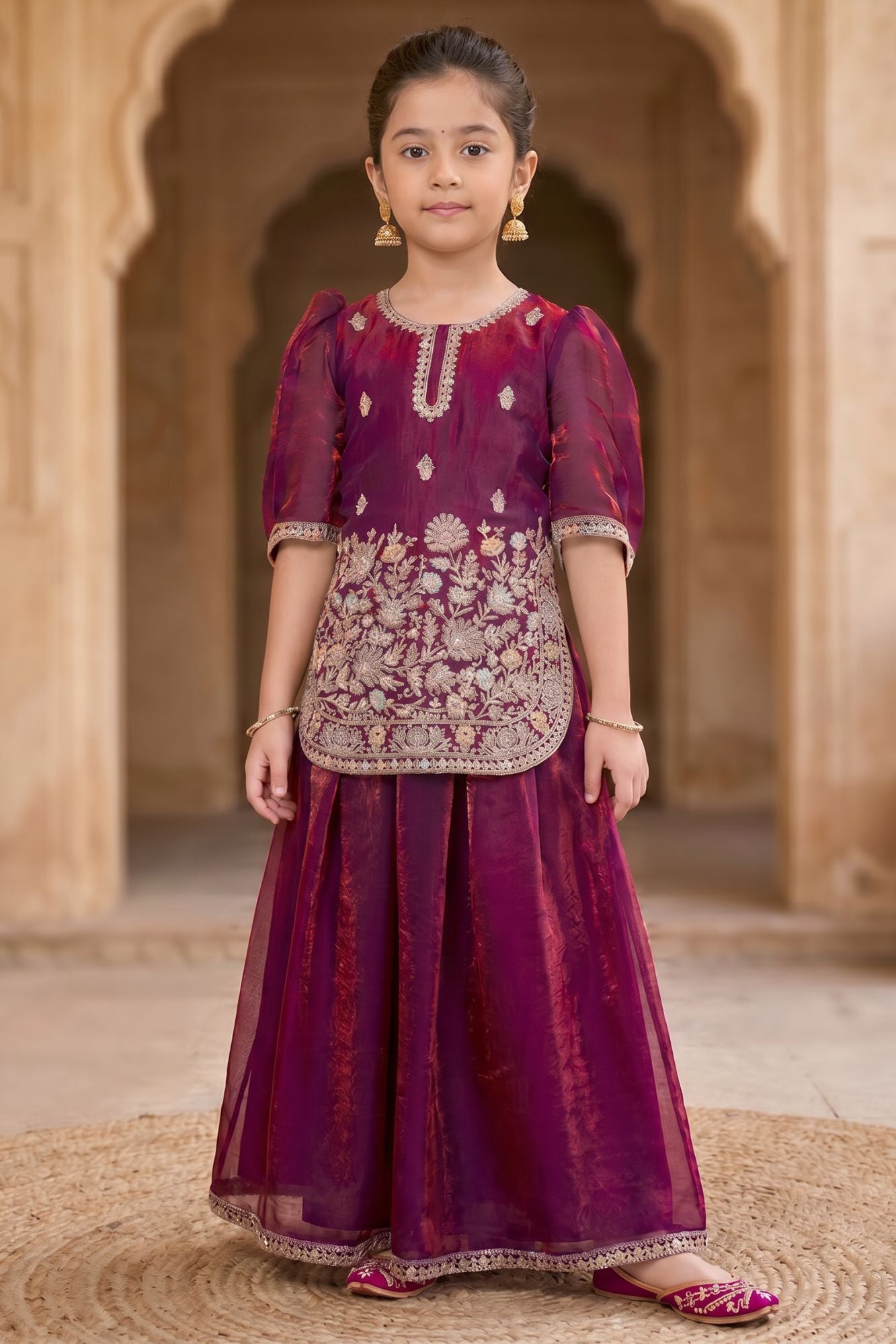 Wine Embroidered Palazzo Set For Girls
