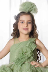 Green Floral Embellished Party Wear Tailback Frock For Girls