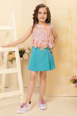 Stylish Turquoise Blue Printed Top And Skirt Set For Girls