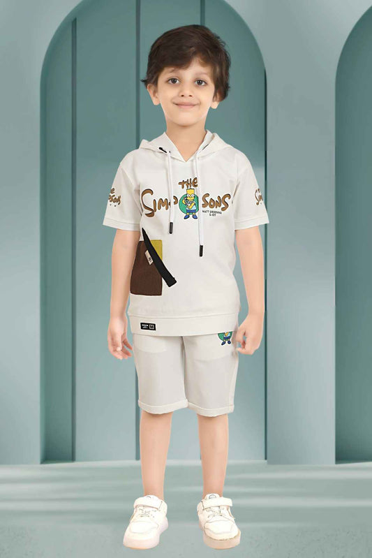 Off White Printed Hoodie With Shorts Set For Boys