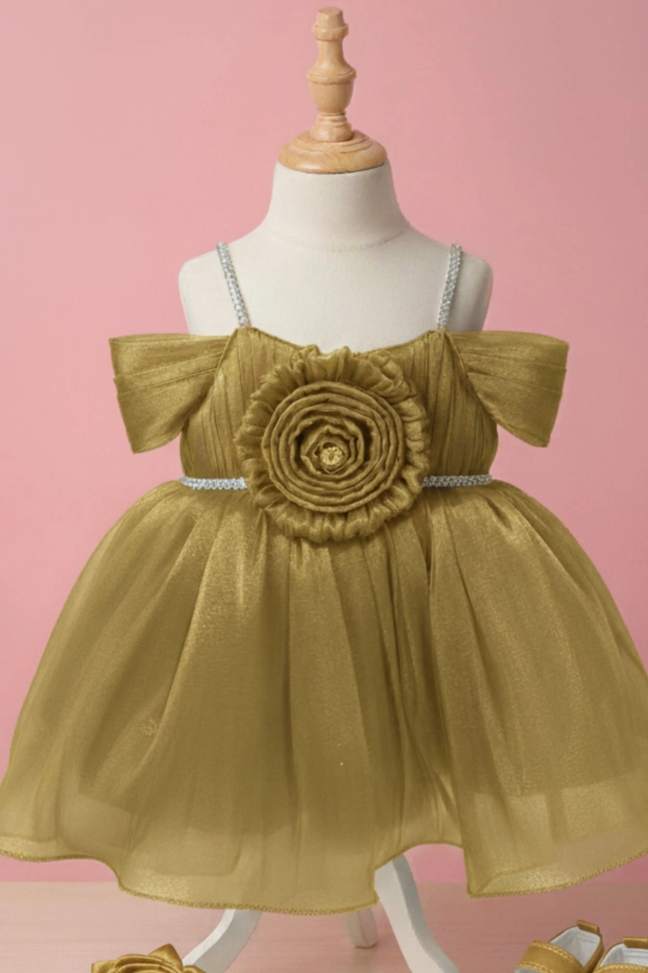 Gold Party Frock with Pleated Flower Appliqué and Shimmer Finish For Girls