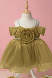 Gold Party Frock with Pleated Flower Appliqué and Shimmer Finish For Girls