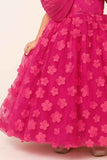 Rani Pink 3D Floral Appliqué Party Gown With Pleated Bow And Butterfly Brooch For Girls