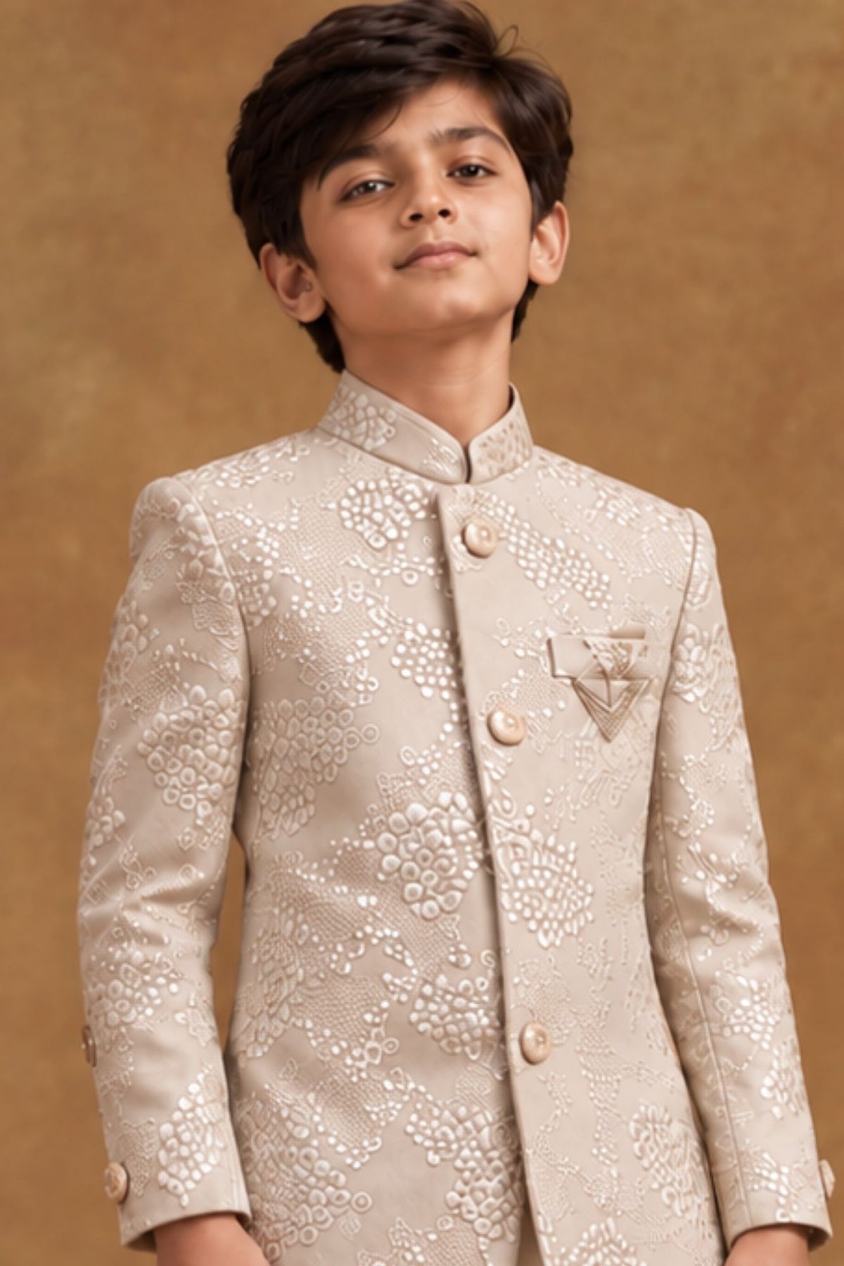 Fawn Sequin Embroidered Sherwani Set With  Pants For Boys