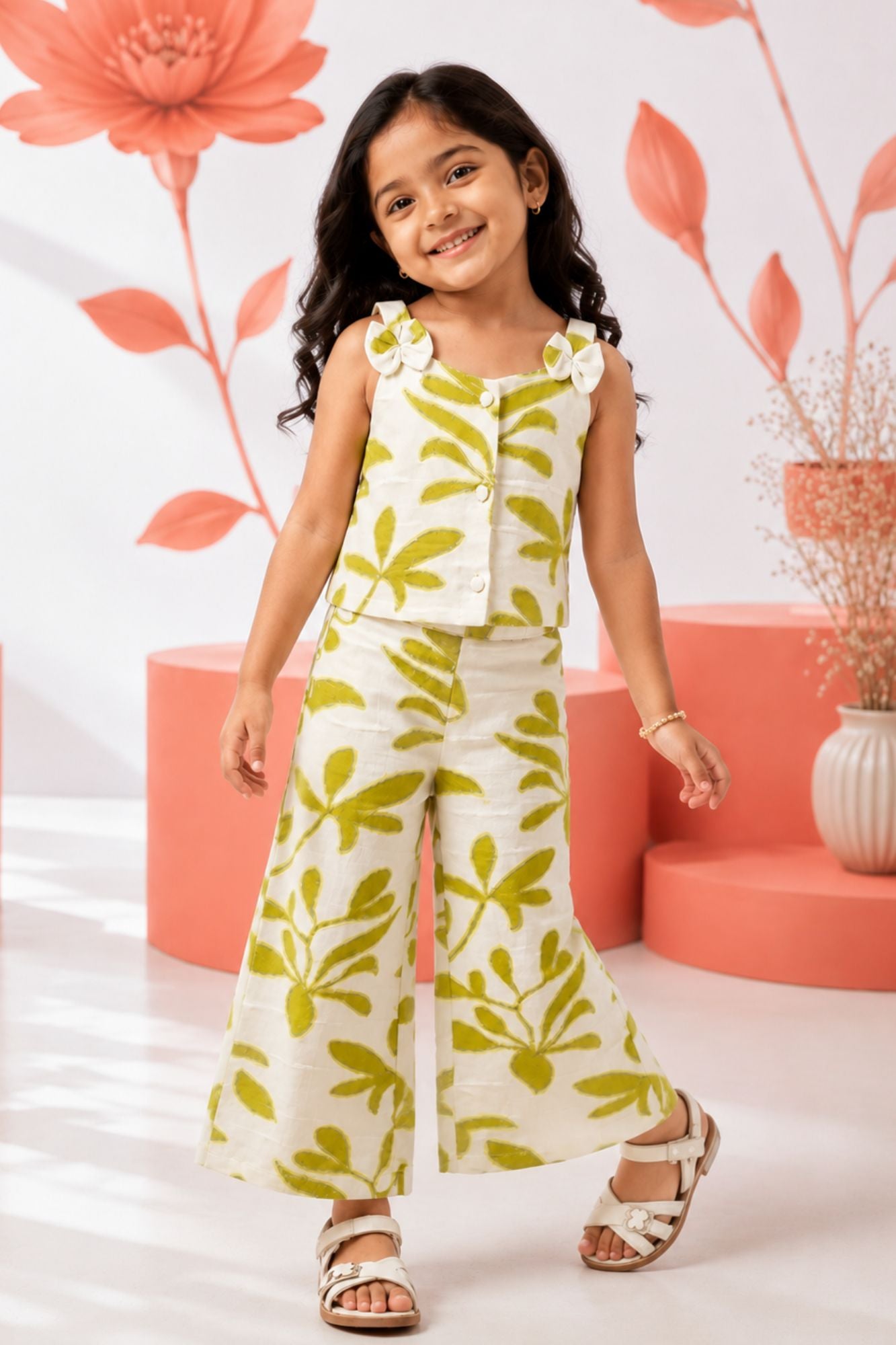 Girls White And Green Floral Printed Co-Ord Set with Sleeveless Bow Strap Top And Flared Pants