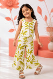 Girls White And Green Floral Printed Co-Ord Set with Sleeveless Bow Strap Top And Flared Pants