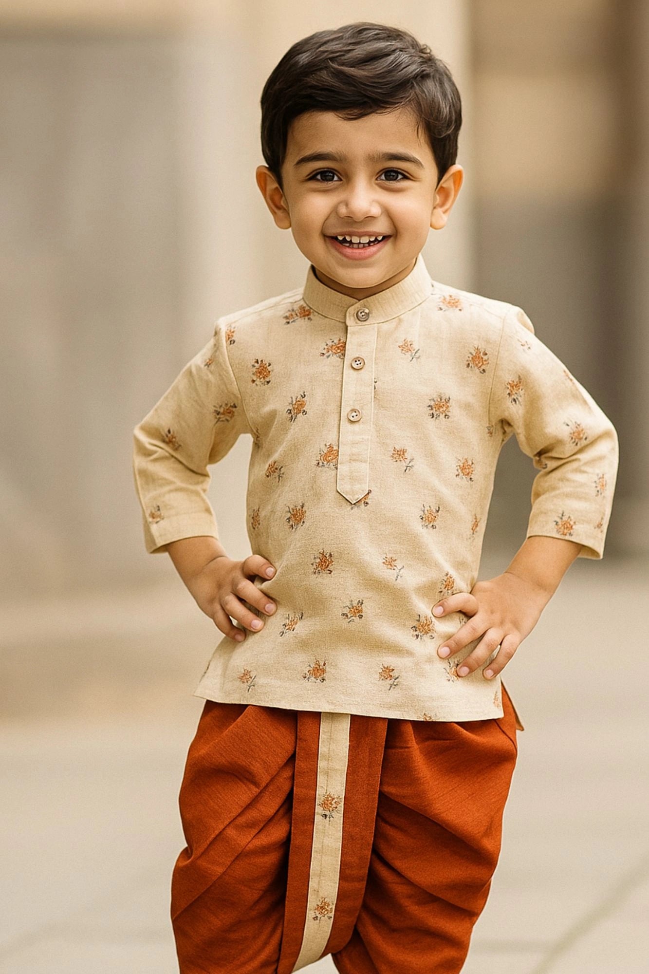 Cream and Rust Orange Printed Kurta with Dhoti Set For Boys