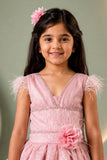 Girls Pink Layered Ball Gown with Feather Sleeves and Floral Accent