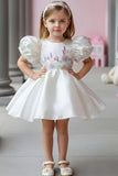 White Floral Embroidered Puff Sleeve Party Frock For Girls