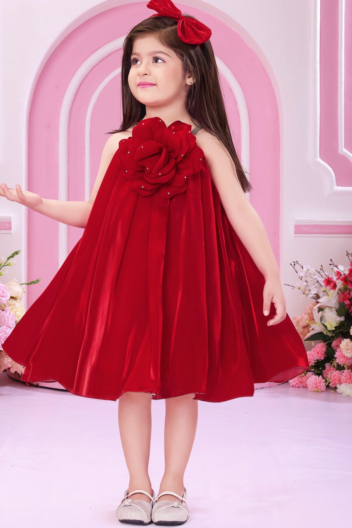 Red 3D Floral Applique Party Wear Frock for Girls