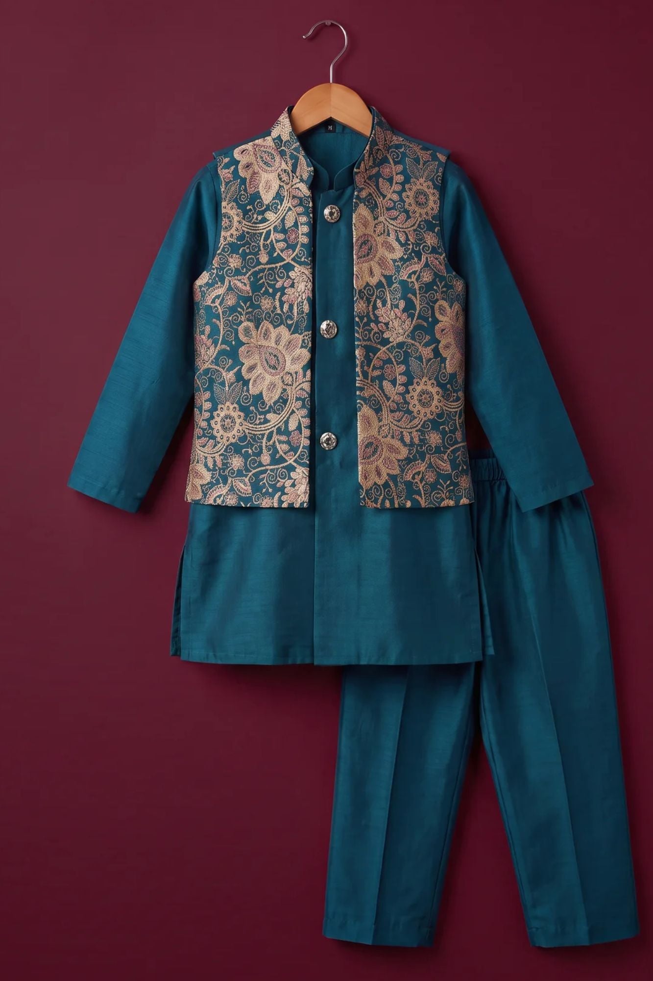 Boys Blue Floral Embroidered Kurta Set With Nehru Jacket