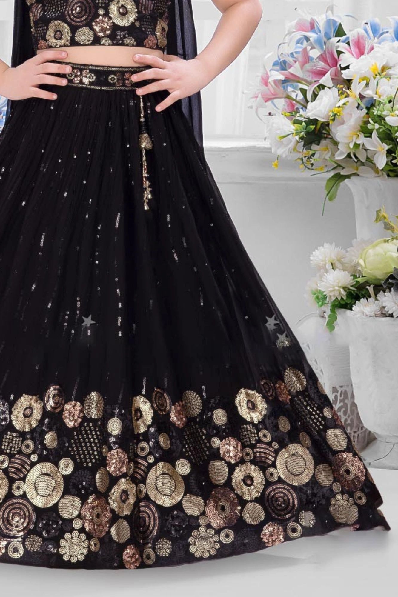 Black Embroidered Crop Top Lehenga Set with Dupatta For Girls
